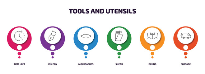 Poster - tools and utensils infographic element with outline icons and 6 step or option. tools and utensils icons such as time left, ink pen, moustaches, shear, dining, postage vector.