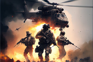 Special unit force soldiers in the battlefield with helicopters and explosions in the background | Soldiers holding machine guns | Generative Ai | Fictional soldiers | Armed forces day | May 21st