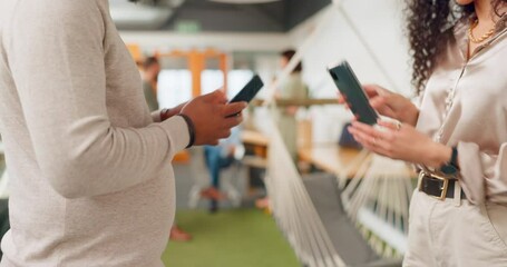Aufkleber - Hands, phone or networking with a business team sharing wireless information or data in the office. Contact, connect or mobile app with a man and woman employee using bluetooth communication at work