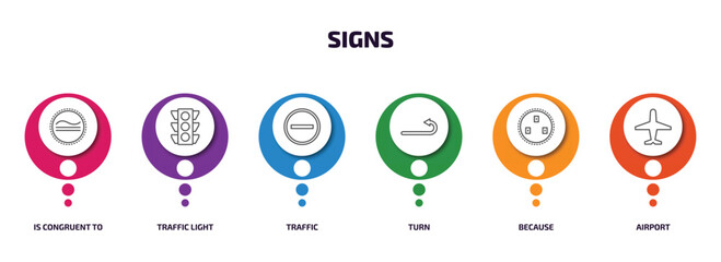 Poster - signs infographic element with outline icons and 6 step or option. signs icons such as is congruent to, traffic light, traffic, turn, because, airport vector.