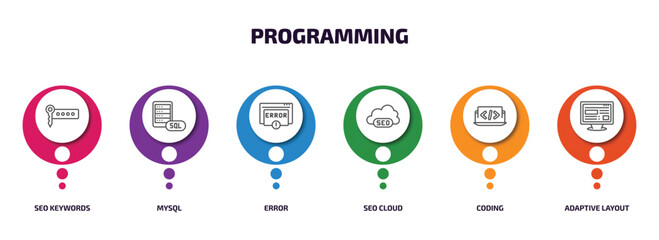 Poster - programming infographic element with outline icons and 6 step or option. programming icons such as seo keywords, mysql, error, seo cloud, coding, adaptive layout vector.