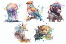 Safari Animal Set Jackal, Jaguar, Japanize Macaque, Jay Bird, Jellyfish In Watercolor Style. Isolated Vector Illustration