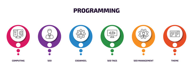 Poster - programming infographic element with outline icons and 6 step or option. programming icons such as computing, seo, cogwheel, seo tags, seo management, theme vector.