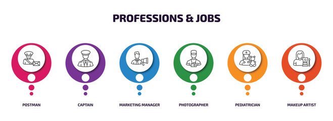 Poster - professions & jobs infographic element with outline icons and 6 step or option. professions & jobs icons such as postman, captain, marketing manager, photographer, pediatrician, makeup artist