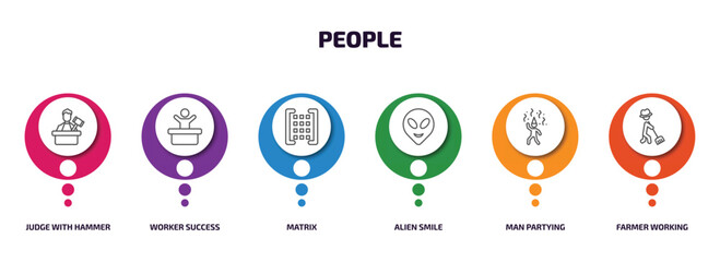 Poster - people infographic element with outline icons and 6 step or option. people icons such as judge with hammer, worker success, matrix, alien smile, man partying, farmer working vector.