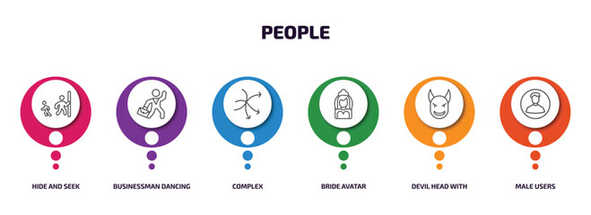 Poster - people infographic element with outline icons and 6 step or option. people icons such as hide and seek, businessman dancing, complex, bride avatar, devil head with horns, male users vector.