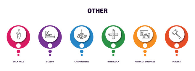 Poster - other infographic element with outline icons and 6 step or option. other icons such as sack race, sleepy, chandeliers, interlock, hair cut business card, mallet vector.