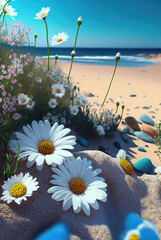 Fototapete - Coastline sea, chamomile flowers on background of surf, flying butterflies. Landscape sea sand and flowers. 3d illustration