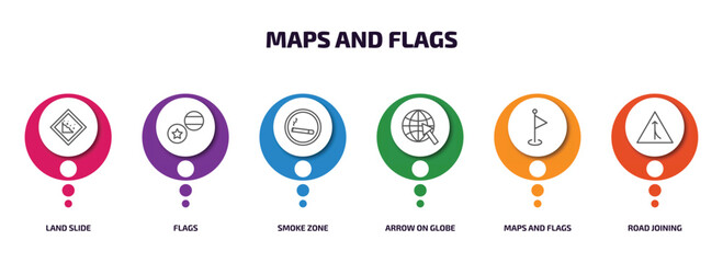 Poster - maps and flags infographic element with outline icons and 6 step or option. maps and flags icons such as land slide, flags, smoke zone, arrow on globe, maps road joining vector.