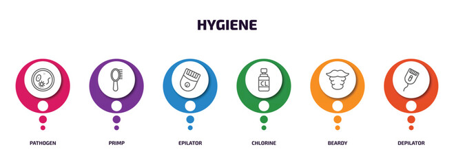 Poster - hygiene infographic element with outline icons and 6 step or option. hygiene icons such as pathogen, primp, epilator, chlorine, beardy, depilator vector.