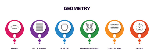 Poster - geometry infographic element with outline icons and 6 step or option. geometry icons such as ellipse, left alignment, octagon, polygonal windmill, construction, change vector.