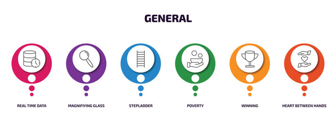 Poster - general infographic element with outline icons and 6 step or option. general icons such as real time data, magnifiying glass, stepladder, poverty, winning, heart between hands vector.