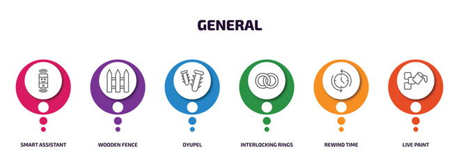 Aufkleber - general infographic element with outline icons and 6 step or option. general icons such as smart assistant, wooden fence, dyupel, interlocking rings, rewind time, live paint vector.