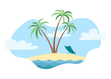 Dreaming About Vacation Of An Ocean Island. Sunny Day On Tropical Island With Palm Tree. Illustration In Flat Cartoon Style