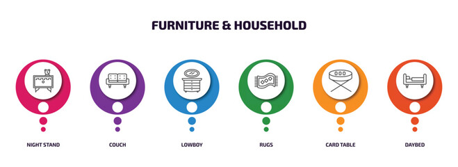 Poster - furniture & household infographic element with outline icons and 6 step or option. furniture & household icons such as night stand, couch, lowboy, rugs, card table, daybed vector.