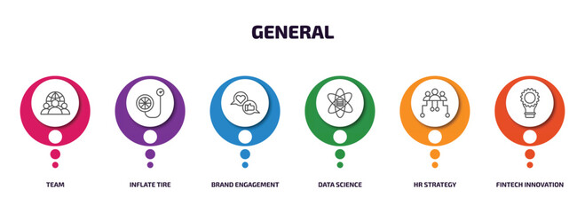 Poster - general infographic element with outline icons and 6 step or option. general icons such as team, inflate tire, brand engagement, data science, hr strategy, fintech innovation vector.