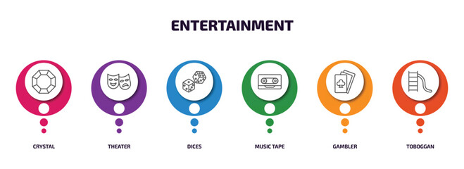 Poster - entertainment infographic element with outline icons and 6 step or option. entertainment icons such as crystal, theater, dices, music tape, gambler, toboggan vector.