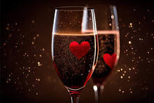 Two Wineglass Of Champagne With Red Hearts Background. Valentine's Day. Generative AI