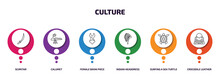 Culture Infographic Element With Outline Icons And 6 Step Or Option. Culture Icons Such As Scimitar, Calumet, Female Bikini Piece, Indian Headdress, Surfing A Sea Turtle, Crocodile Leather Bag