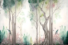 Natural Landscape Of Rainforests Of Trees And Palms, In Consistent Colors With Birds, Digital Drawing In Watercolors