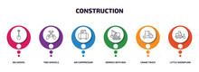 Construction Infographic Element With Outline Icons And 6 Step Or Option. Construction Icons Such As Big Shovel, Two Shovels, Air Compressor, Derrick With Box, Crane Truck, Little Snowplow Vector.