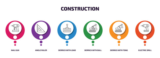 Poster - construction infographic element with outline icons and 6 step or option. construction icons such as nail gun, angle ruler, derrick with load, derrick with ball, derrick tong, electric drill vector.