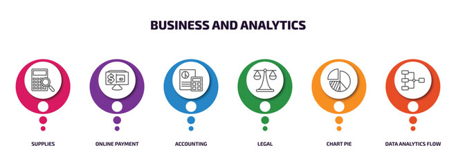Aufkleber - business and analytics infographic element with outline icons and 6 step or option. business and ana
