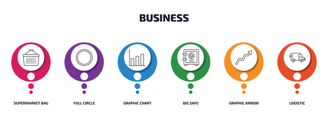 Poster - business infographic element with outline icons and 6 step or option. business icons such as supermarket bag, full circle, graphic chart, big safe, graphic arrow, logistic vector.