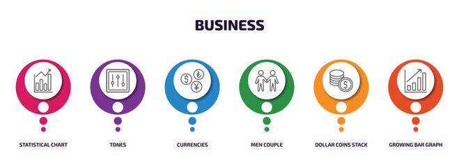 Poster - business infographic element with outline icons and 6 step or option. business icons such as statistical chart, tones, currencies, men couple, dollar coins stack, growing bar graph vector.