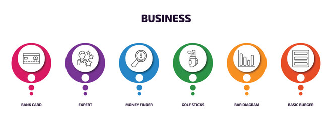 Poster - business infographic element with outline icons and 6 step or option. business icons such as bank card, expert, money finder, golf sticks, bar diagram, basic burger vector.