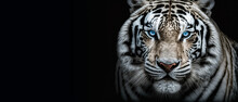 Closeup Head Of White Tiger On Black Background. Wildlife Animal With Copy Space. Digital Art, Generative Ai	