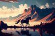 The horse is galloping along a river in the mountains. Illustration with Oil painting style. Sunset sky and ocean Waves. Created with Generative AI technology.