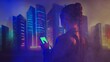 © Acronym - Portrait of cyberpunk girl with a smartphone. Beautiful young woman on the background of city scyscrapers. Futuristic concept.