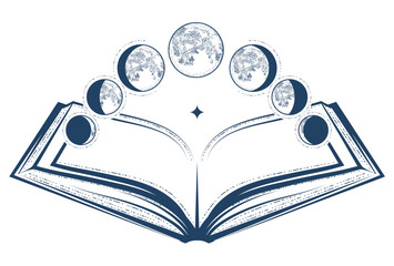 Wall Mural - open magic dream book and lunar phases, phase of the moon, astrology and horoscope knowledge, oneiro