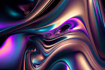 Wall Mural - Iridescent liquid metal surface with ripples. 3d illustration. Abstract fluorescent background. Fluid neon leak backdrop.  Ultraviolet viscous substance. Generating Ai.