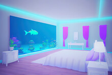 Anime Room With Aquarium In Neon Colors. Generative AI