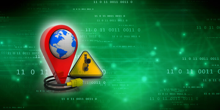 3d rendering Red map pointer under cctv camera connected aux cable
