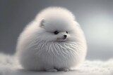 Fototapeta Zwierzęta - Cute fluffy white dog, neutral background