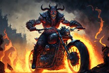 Hell Infernal Biker With Bike In Fire Flames Illustration Generative Ai