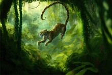 Cat Tarzan In The Jungle Illustration Generative Ai