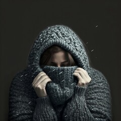 Abdelrahman woman hiding face in wool winter sweater. cold weat