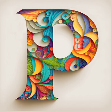 Letter P Papercut Floral. Generative AI Illustration of ABC Alphabet. Typography.