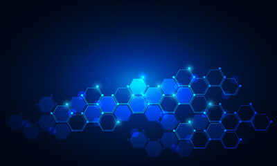 Poster - Abstract blue technology connect concept geometric hexagons pattern with glowing light and blank space on dark background vector