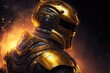 © Coosh448 - High Quality picture Elite space soldier in golden armor, future, universal soldier, intergalactic waves, background fire, sparks, power, technology, science, art of war, fantasy, game, hero. AI