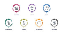 Sauna Outline Icons With Infographic Template. Thin Line Icons Such As Cold Water, Samovar, Beard, Chair Side View, Essence, Boy Hair Shape, Disclaimer Vector.