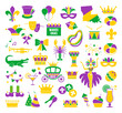 Mardi Gras carnival set icons, flat style. Collection Mardi Gras, mask with feathers, beads, jester hat, fleur de lis