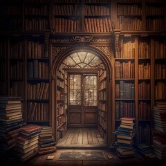 Wall Mural - Old library or bookstore with many books on shelves as a digital illustration (generative AI)