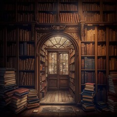 Old library or bookstore with many books on shelves as a digital illustration (generative AI)