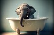 Little cute Elephant bathe in the bath, wallpaper, picture, humorous, funny, retro style bath, care, cartoon, game, luxury, soap, spa, safari, shampoo, happy, clean, hot water, wash, design. AI