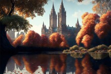Stylish Wallpaper Central Park In Autumn In High Resolution, Aesthetics, Lake, Picturesque Park,fresh Air,a Piece Of Nature In The Middle Of The City,relaxation, Walks,yellow Foliage, Architecture. AI